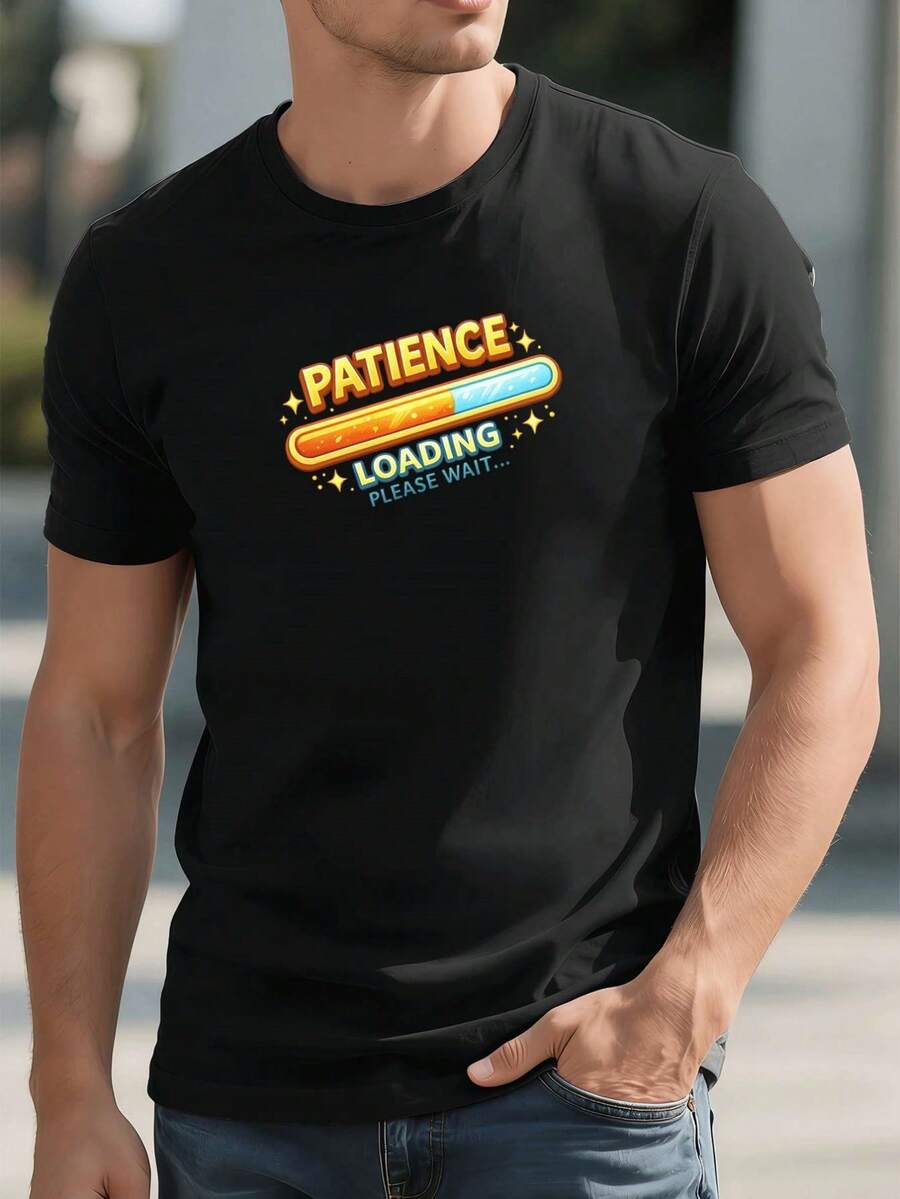 T-shirt homme avec imprimé graphique "Patience Loading", col rond, coupe ample, style street hip-hop, confortable et avec un imprimé de grand impact. - Noir - Voir 1