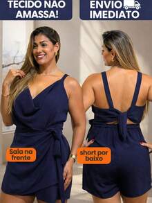 KIT 2 Macaquinho Plus Size Feminino Soltinho Modelo o Corpo Elegante Curto Decote V Shorts Saia - Preto + Preto - Visão 5