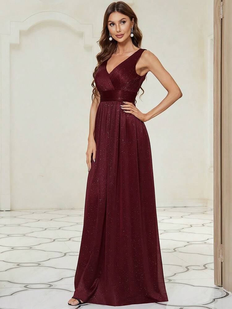 V Neck Ruched Bodice Prom Dress, Bridesmaid Dress Wedding Elegant Spring