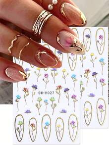 SWEET TREND 2 piezas Pegatinas de uñas metálicas 3D con flores, estampado en caliente de lujo con marco dorado, pétalos de lirio de agua coloridos y hojas, diseño floral primaveral y veraniego, elegante y holográfico, para decoración de uñas, manualidades y manicura de salón - Multicolor - Ver 1