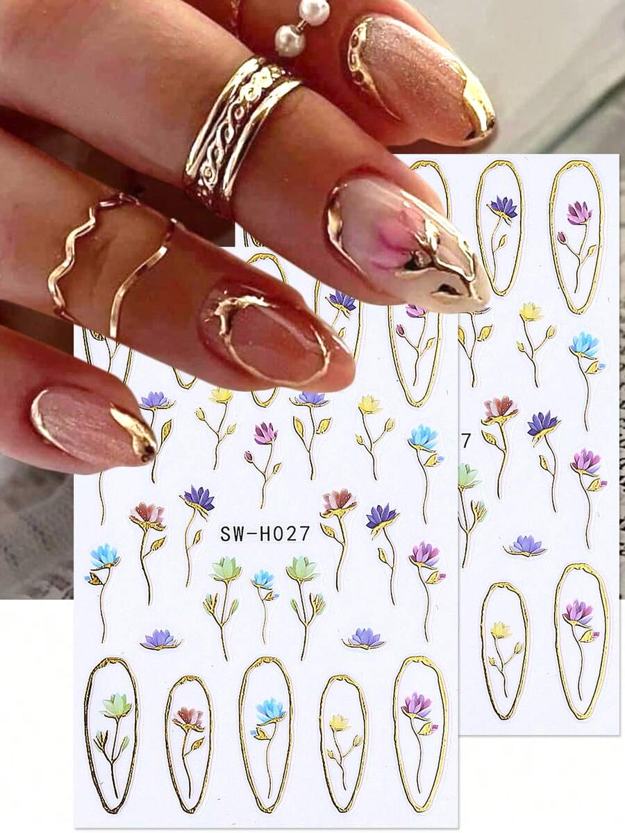 SWEET TREND 2 piezas Pegatinas de uñas metálicas 3D con flores, estampado en caliente de lujo con marco dorado, pétalos de lirio de agua coloridos y hojas, diseño floral primaveral y veraniego, elegante y holográfico, para decoración de uñas, manualidades y manicura de salón - Multicolor - Ver 1