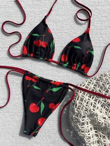 Women's Cherry Print Bikini Set, Halter Triangle Top, Black Base, Eye-Catching Color Contrast. Vacation Beach Summer - Multicolor - View 4