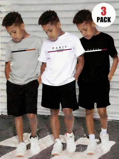 3pcs Boys' Letter Print Short Sleeve T-Shirt And Shorts Set
