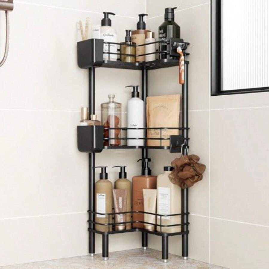 Organizador de ducha de pie de 3 niveles a prueba de óxido con soporte para cepillo de dientes, gran espacio de almacenamiento, estante de ducha con ganchos para baño y cocina, color negro - 3 niveles - Ver 1