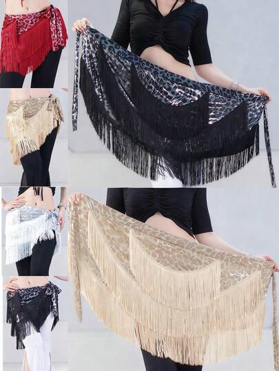 Leopard Print Fringe Belly Dance Hip Scarf - Sheer Mesh Tiered Tassel Tie Waist Wrap For Dance Performance, Cosplay & Festival Costume (Available In Multiple Colors)