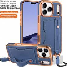 VIETAO Crossbody Lanyard Strap Wrist Band Golden Electroplated Girls Faux Leather Phone Case Compatible With Iphone 17 16 15 14 13 12 Pro Max Card Slot Mobile Cover - Blue - View 1