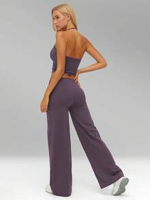 MFVIM Women's Spring/Summer Sports Suit, 2-Piece Casual Sportswear Set, Halter Neck Tank Top And Wide Leg Pants, High-Waisted Stretchy Fitness Outfit. Lightweight, Skin-Friendly, Durable, High-Waisted Wide Leg Pants + Fitted Top, Whole Set Elongates Legs. Solid Color, Suitable For Daily Casual, Outdoor, Jogging, Cycling, Yoga, Pilates, Gym Workout - Bold Plum - View 9