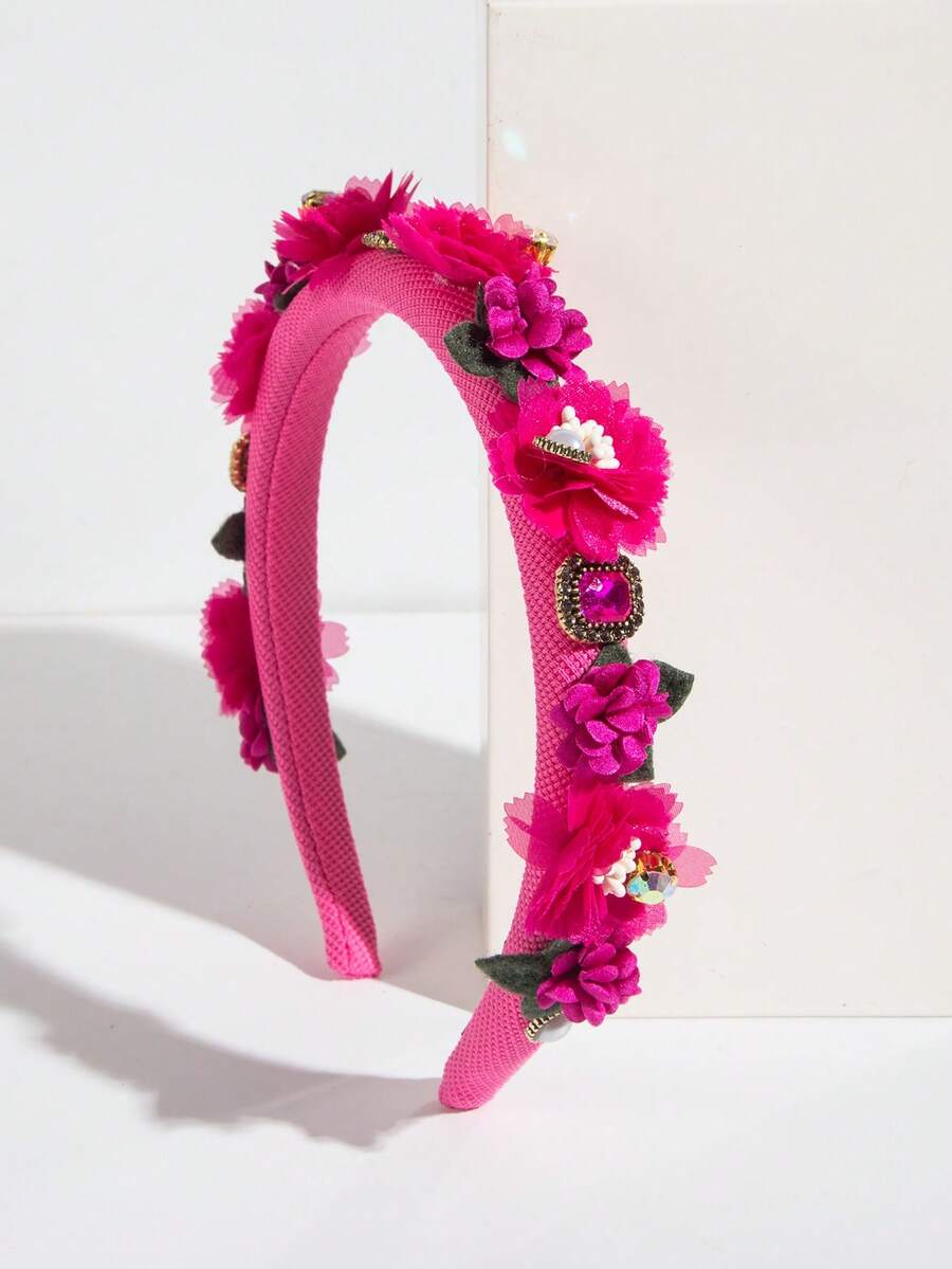 1 pieza Diadema de flores de estilo coreano con esquema de color elegante de primavera, tocado elegante de gasa con piedras preciosas tipo flor de camelia, adecuado como accesorio de verano para mujer, accesorio de viaje, diadema - Rosa Fucsia - Ver 1