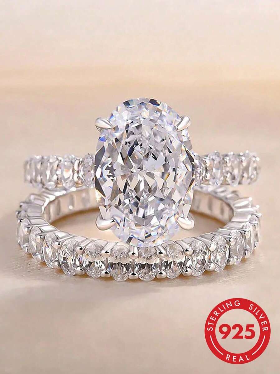 1 Set Lightweight & Luxurious Cubic Zirconia 925 Sterling Silver Shiny & Glamorous Promise Ring, Exquisite Jewelry Suitable For Weddings, Galas And Other Occasions