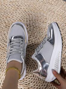 Giày thể thao đế cao màu bạc ánh kim dành cho nữ - Giày casual buộc dây đế dày, phong cách rockstar thời thượng. - Bạc - Xem 11