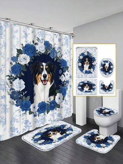 1/3/4件套蓝白牧羊犬、蓝白玫瑰印花浴室浴帘套装；复古农舍风格，防水耐用；包含12个挂钩、马桶座套、浴垫和地毯；采用优质涤纶面料，可水洗且防霉，适用于节日、浴室、卧室、厨房装饰、西式卧室窗帘以及母亲节主题装饰。