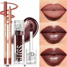 Pudaier 2 piezas Conjunto de lápiz delineador de labios y brillo de labios - Resistente al agua, de larga duración, alto pigmento - Regalo ideal para mujeres, apto para uso diario, citas y fiestas - 09+11 - Ver 7