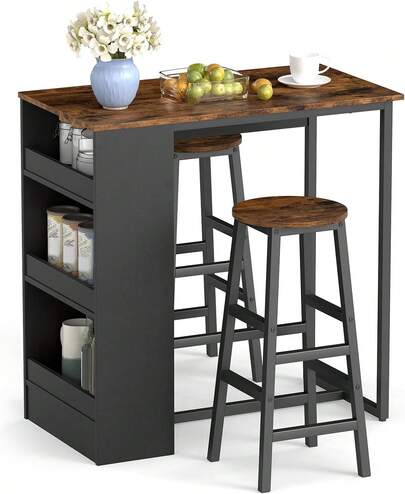 3-Piece Bar Table Set, 36" Counter Height Breakfast Table With 3 Storage Shelves & 2 Round Stools, Rectangular Kitchen Table Set For 2, For Dining Room, Living Room, Rustic Brown And Black