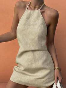 Vestido mini elegante y versátil con lazo y sin tirantes, sin mangas, para primavera/verano, nueva llegada (ropa regular) - Albaricoque - Ver 2