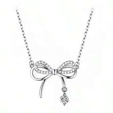 女士双层蝴蝶结项链，ins风简约奢华小众设计，可爱精致颈链 - 銀色 - 查看 5