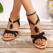 Damessandalen met sleehak, nieuw, handgemaakte sandalen met kralen, open teen en middelhoge hak, zwart - Zwart - Bekijken 14