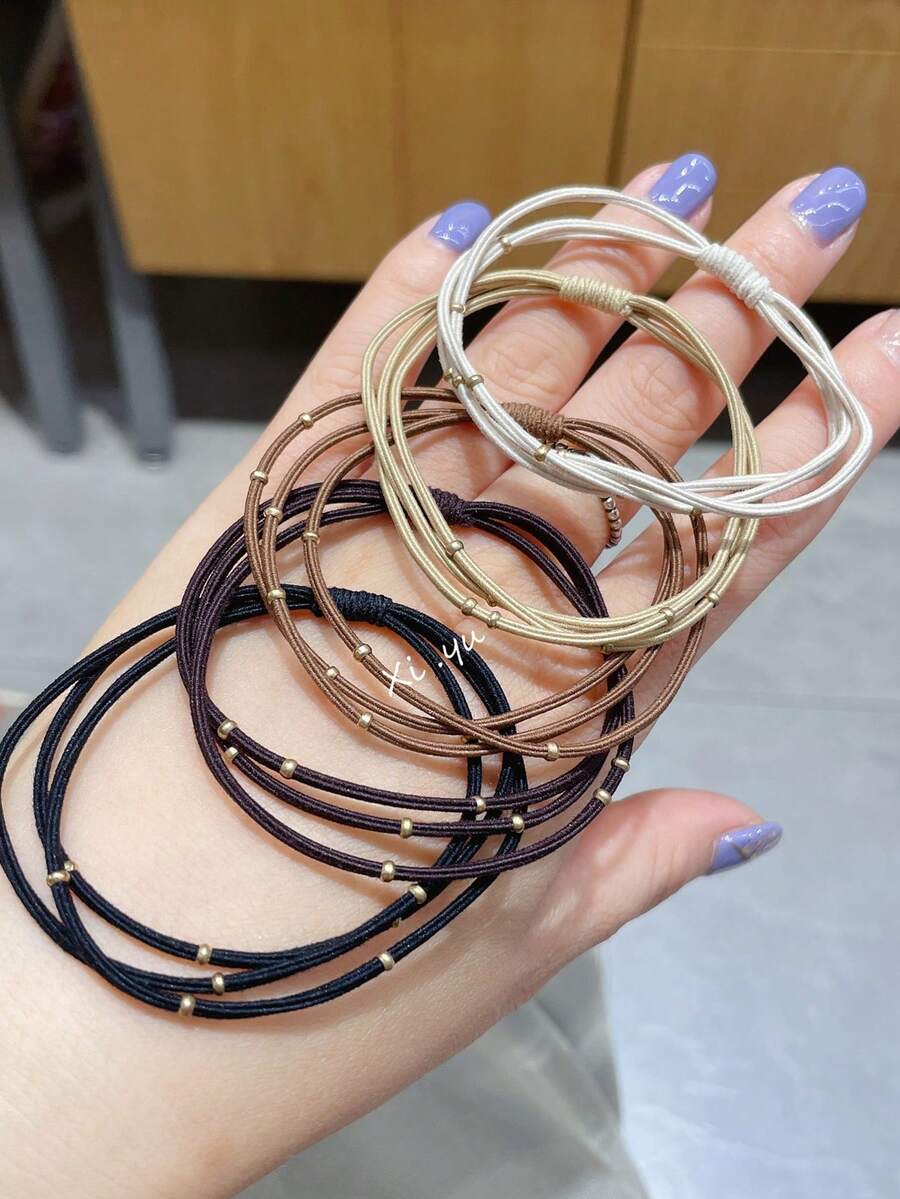 Dây buộc tóc không đường may đính hạt màu nâu, 5 chiếc, phụ kiện ngày lễ - Nhiều màu - Xem 1
