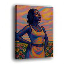 Lienzo artístico plano 2D de 29.97*44.96 cm, enmarcado en madera, con una imagen de una mujer con chaleco y falda y dreadlocks. Tiene los ojos cerrados y parece relajada. - Sin marco - Ver 1