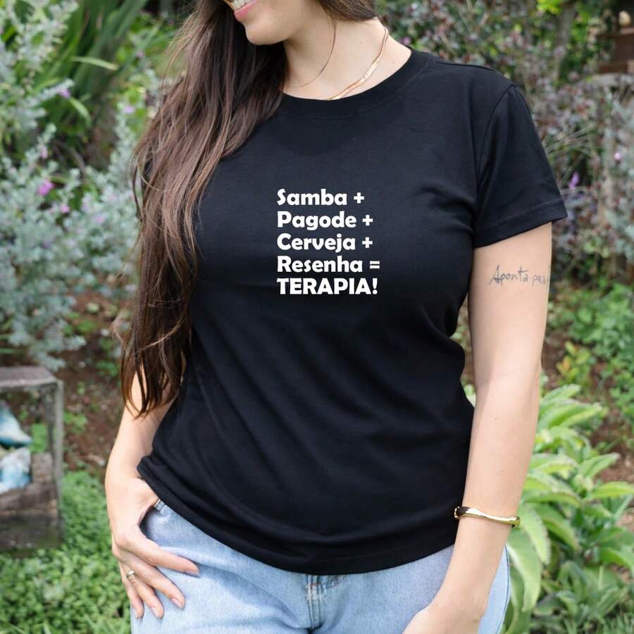 Camiseta TShirt BabyLook Feminina Básica Conforto e Estilo Frases Diversas  Pagode Resenha Terapia 100% Algodão - Preto - Visão 1