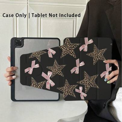 1pc Y2K Leopard Print Star Pink Bow 360° Rotating Multi-Angle Tablet Protective Case, Suitable For IPad Air 6/5/4 And 10-Inch (10.9-Inch), Pro 2024, Air M3/A16 2025, Galaxy Tab S9 FE/S8 Plus/S7/S10, Suitable For Work, Travel And Home Leisure