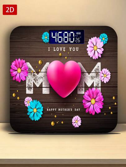 1pc LED Display Electronic Scale, 2D "I Love You Mom" Happy Mother's Day Design With Heart-Shaped Pearl Retro Wooden Bathroom Scale, Decorative Weighing Platform - Suitable For Long-Term Use, Meeting Family Weighing Needs, Christmas, New Year, Valentine's Day Gift, Uses AAA Batteries (Batteries Not Included)