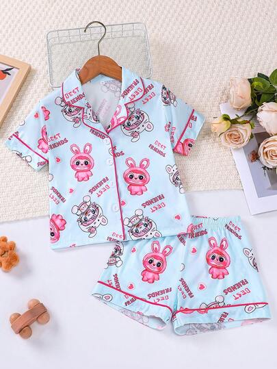 2pcs/Set Toddler Girls' Sleepwear Set, Minimalist Cute Comfortable Style, Cartoon Heart Print, Polo Collar Short Sleeve + Elastic Waist Shorts, Flame Retardant Lightweight Fabric, Soft Breathable Easy Care, Suitable For Holiday Party Vacation, Casual All Season Girls' Loungewear, An Ideal Gift For Girls!