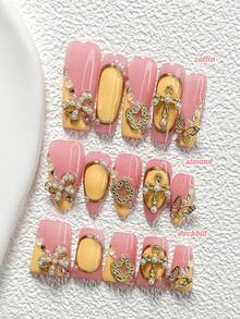 10Pcs Sweet And Spicy Style Handmade Nail Art Set,Unghie Press On,Bow, Cross, Butterfly, Silver Coin Nail Art Accessories,Includes Nail Tools,3 Sizes Available,Almond Nails , Duck Nails,Coffin Nails For Party, Dance, Daily Wear. - 彩色 - 查看 1