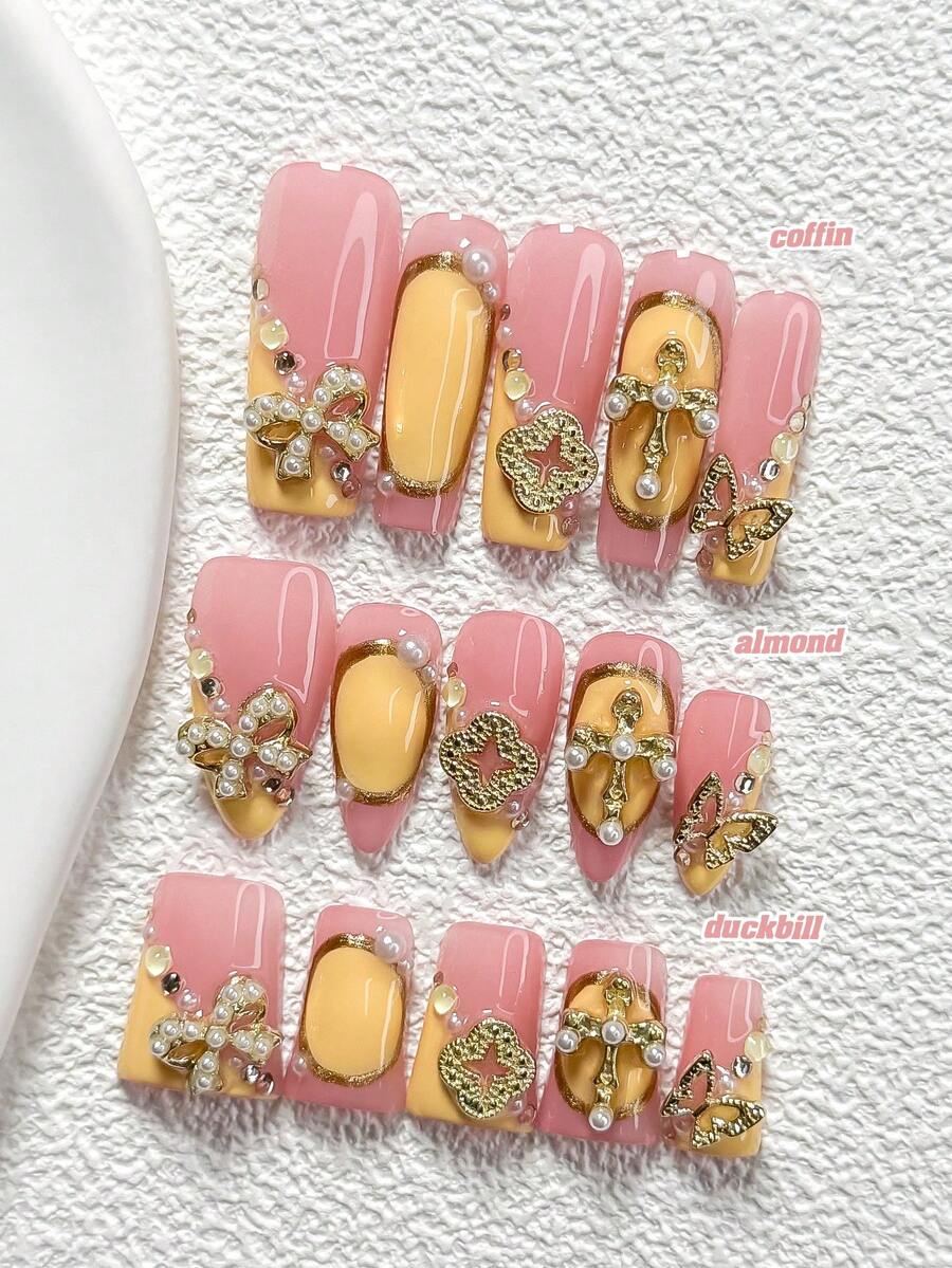 10Pcs Sweet And Spicy Style Handmade Nail Art Set,Unghie Press On,Bow, Cross, Butterfly, Silver Coin Nail Art Accessories,Includes Nail Tools,3 Sizes Available,Almond Nails , Duck Nails,Coffin Nails For Party, Dance, Daily Wear. - 彩色 - 查看 1