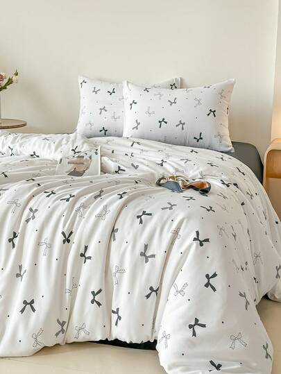 Bộ ga trải giường cỡ Queen Size họa tiết nơ - Bộ chăn ga gối mềm mại, chải hai mặt, dành cho bé gái và người lớn, có khóa kéo, 3 món, bao gồm 1 vỏ chăn (90"x90") và 2 vỏ gối, KHÔNG bao gồm chăn bông.