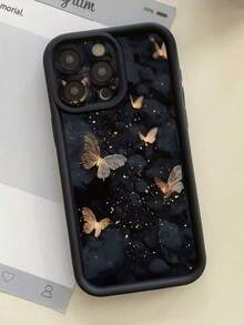 1pc New High-Strength Bamboo Anti-Drop Phone Case, Golden Butterfly Pattern, Unique Design, Thick Protective Cover Compatible With Apple 17 ProMax/Air, 16, 11/12/13/14 Plus, XR, 7/8 Plus, 15 ProMax - Black - View 3