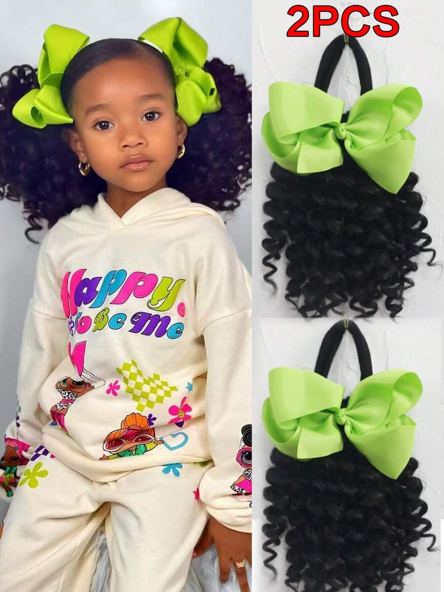 2 chiếc tóc đuôi ngựa giả có nơ, kèm chun, dành cho trẻ em, tóc nối xoăn, tóc đuôi ngựa cho trẻ em, hàng sỉ cho trẻ em