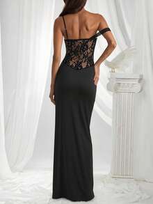 Women's Black Lace Evening Gown, Asymmetrical Strap Fitted Floor-Length Dress, Formal Evening Dress (JH26211) Elegant Summer - Black - View 2