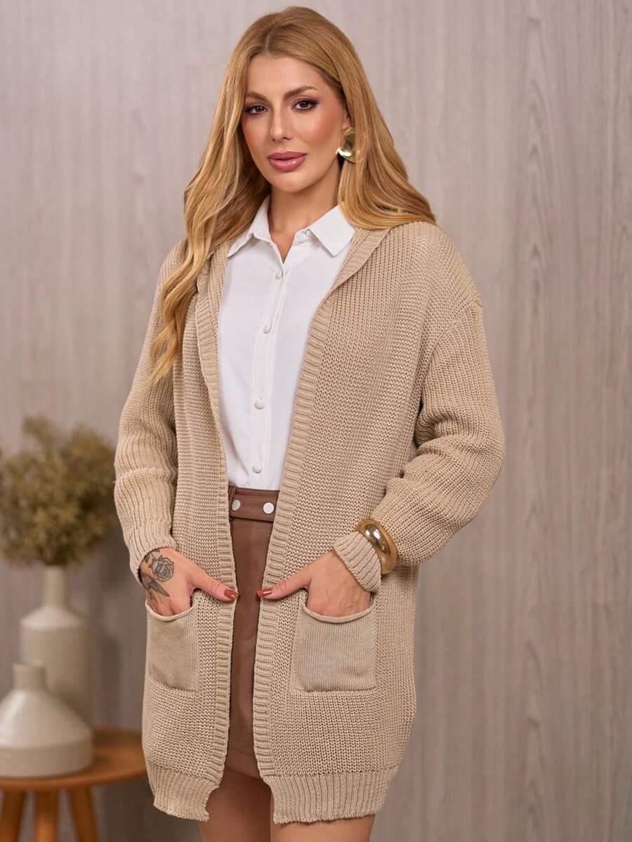 Women's Winter Cardigan, Knitted Cardigan With Hood And Pockets, Long Winter Coat For Women, Casual Everyday Wear, Women's Coats - 香檳色 - 查看 1