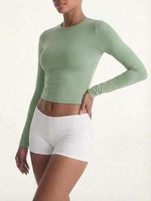 FWH Conjunto holgado simple casual / relajado / minimalista con efecto adelgazante, elástico ajustado, cuello redondo, manga larga / diseño adelgazante / línea limpia, elástico deportivo - Verde - Ver 2