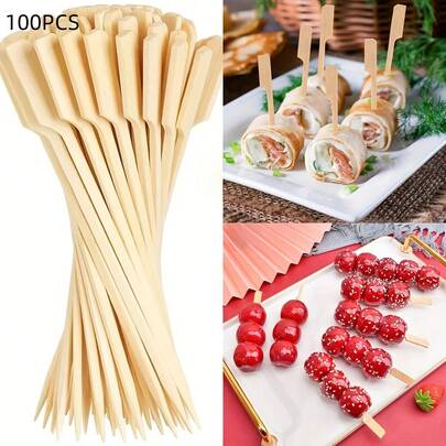 100 piezas de pinchos de bambú premium, ideales para aperitivos, cócteles y snacks de barbacoa. Hechos de pulpa de madera natural, adecuados para frutas, salchichas y carnes en escabeche. Perfectos para fiestas y reuniones. Utensilios de bambú para comer