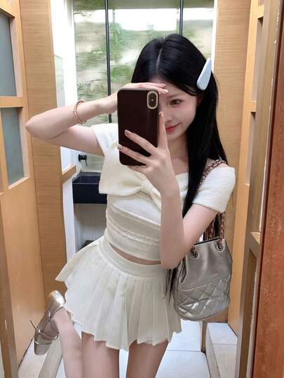 柔软蓬松针织蝴蝶结露肩抹胸毛衣，性感简约夏季新款女装