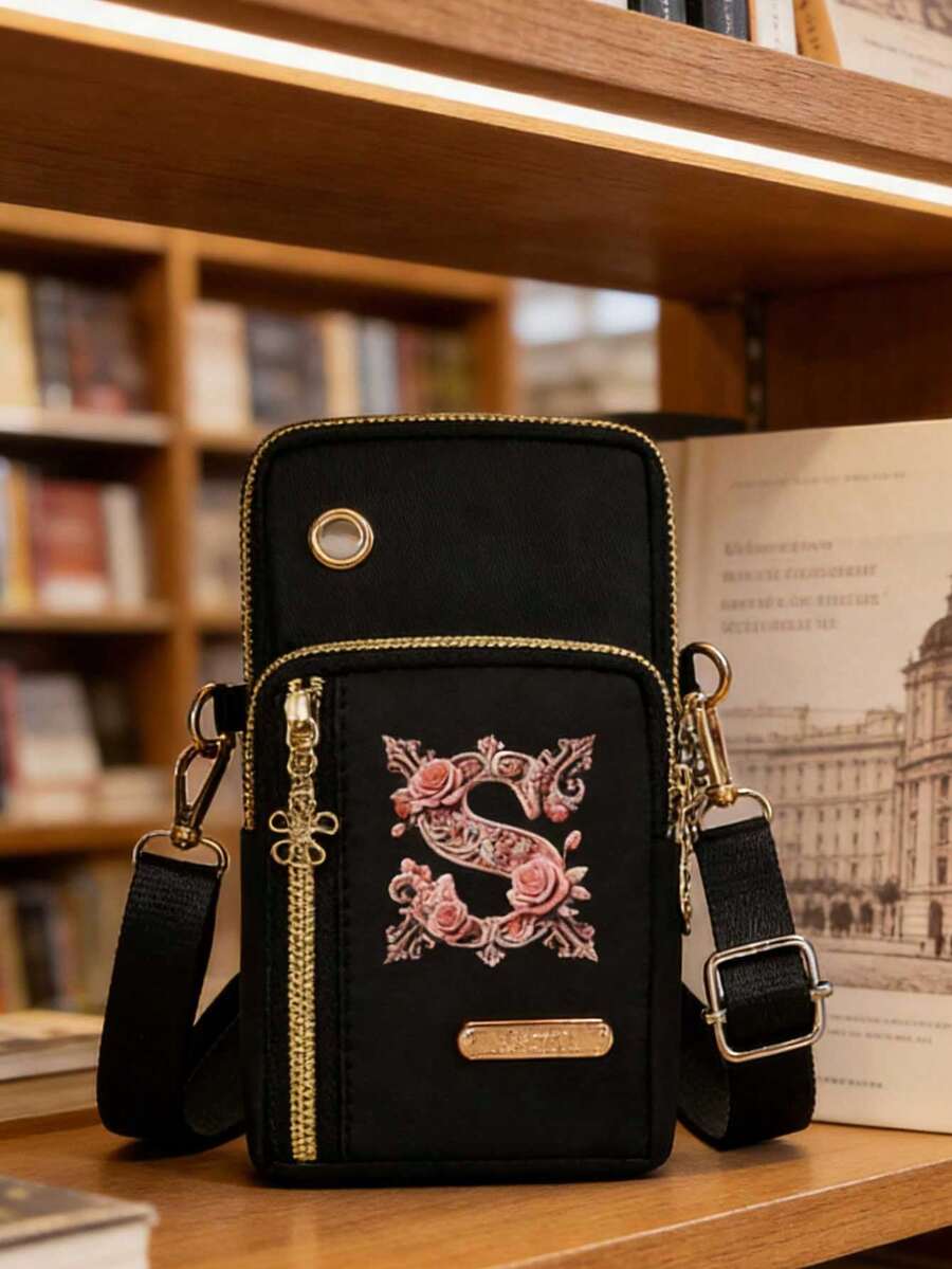 1个城堡玫瑰花图案26字母A-Z印花时尚休闲单肩包，尼龙零钱包，手机单肩包，女士手提包，多功能腕包，带手机口袋的单肩包和零钱包，休闲旅行返校礼物，母亲节，周年纪念日，生日，返校，节日礼物
