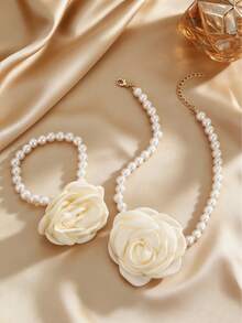 2pcs/Set Elegant Faux Rose Flower & Pearl Necklace Bracelet Jewelry Set, Suitable For Women's Daily Wear And Dates, Gift For Valentine's Day, Mother's Day, Birthday - Multicolor - View 12