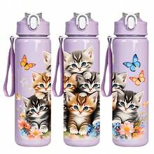 1 pieza Botella de agua deportiva de 750ml/26oz con diseño impreso en 3D de gato, 5 opciones de color, con correa de asa para transportar fácilmente, compacta y ligera, adecuada para exteriores, viajes, campamentos, escuela, oficina, excelente regalo de Navidad o cumpleaños - Multicolor - Ver 12