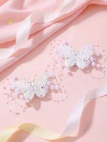 2 piezas Elegantes Pasadores de Cabello con Mariposa 3D Estilo Francés con Decoración de Perlas y Malla, Adecuados para Uso Diario, Fiesta y Ocasiones Formales - Multicolor - Ver 5