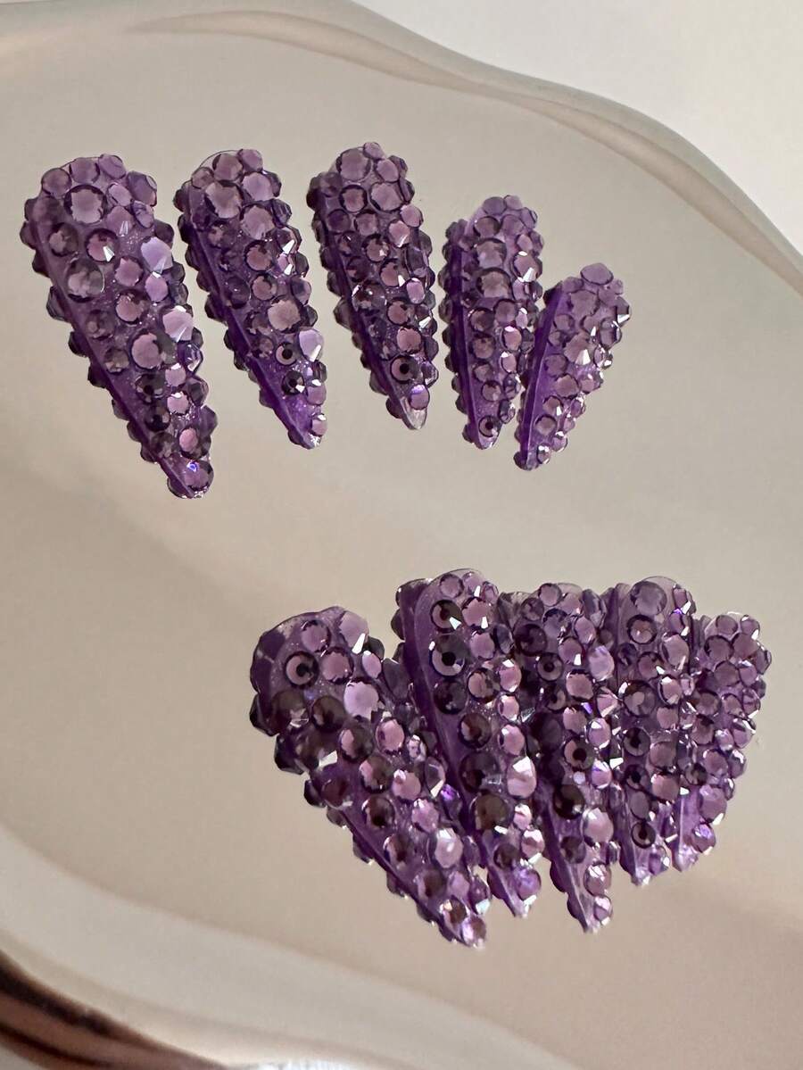 Y2K Luxury Long Pointed Nail Tips, Handmade, Clear Nail Plates, Purple Rhinestones, Fully Covered Shiny 3D Design - Full Coverage DIY Glitter Artificial Nails, Elegant, Glamorous, Suitable For Party, Outdoor, Beach, Daily, Holiday, Gathering, Work And Special Occasions - 10pcs/Pack - Multicolor - View 1