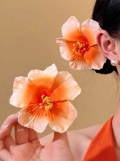 1pc Summer Hibiscus Flower Hair Clips, Hawaiian Tropical Floral Hair Accessories, Luau Party Beach Vacation Hairpins For Women Girls (Orange Pink)