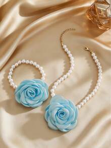2pcs/Set Elegant Faux Rose Flower & Pearl Necklace Bracelet Jewelry Set, Suitable For Women's Daily Wear And Dates, Gift For Valentine's Day, Mother's Day, Birthday - Multicolor - View 5