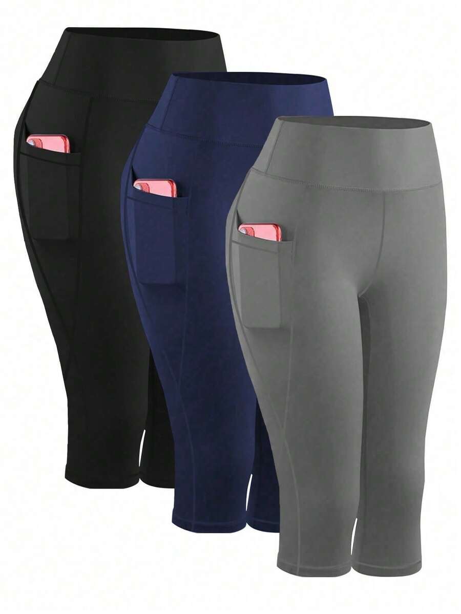 3-Piece Set Plus Size High Waist Tummy Control Printed Yoga Pants With Pockets, Tight Fit Workout Leggings Summer Sports - Royal Blue - View 1