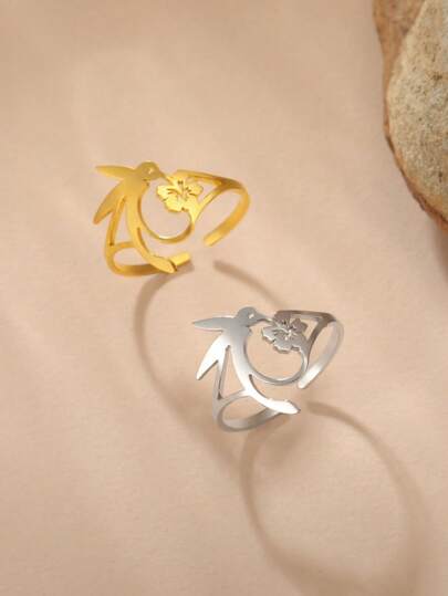 AMAXER 1pc Stainless Steel Hummingbird Adjustable Open Ring, Minimalist Fashion Personalized Ring, Daily Wear Birthday Gift Jewelry