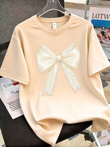Bộ 2 món gồm áo thun ngắn tay in nơ ren và quần ống loe cho nữ tuổi teen, kiểu dáng thể thao rộng rãi thoải mái - Món quà mùa hè hoàn hảo, thích hợp mặc đi học và dã ngoại vào mùa xuân và mùa hè. - Nhiều màu - Xem 5