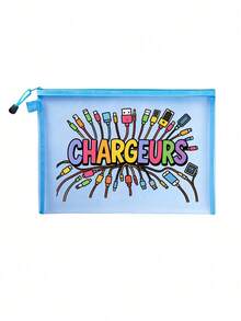 Mesh Zipper Storage Bag, With "Chargeurs" Letter Pattern, Multi-Function Storage Portable Storage Bag, Digital Bag, Makeup Bag, Skin Care Bag, Travel Toiletries Bag Necessities, Dormitory Supplies, Wedding Bride Gifts, Mother Gifts, Birthday Gifts, Friends And Teachers Gifts, Bathroom Storage, Jewelry Storage, Lipstick And Cosmetics Storage Bags, Vacation Travel Necessities, Teachers' Day Gifts, Outdoor Camping Necessities - Multicolor - View 12