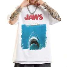 Printed Cotton T-Shirt, Plus Size Men's Clothing, Inspired By The Jaws 2026 Movie Poster, Neutral T-Shirt For All Four Seasons, Urban Fashion Casual Clothing For Men And Women, Y2K, Oversized T-Shirt For Men S-5XL, 100% Cotton Summer T-Shirts. - 白色 - 查看 1