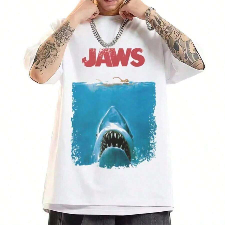 Printed Cotton T-Shirt, Plus Size Men's Clothing, Inspired By The Jaws 2026 Movie Poster, Neutral T-Shirt For All Four Seasons, Urban Fashion Casual Clothing For Men And Women, Y2K, Oversized T-Shirt For Men S-5XL, 100% Cotton Summer T-Shirts. - 白色 - 查看 1
