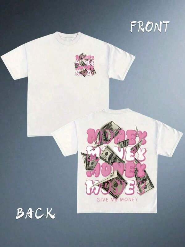 Cotton Printed T-Shirt, Plus Sizes, Men's Clothing, Funny Money Print T-Shirts for Men and Women - Short Sleeve "Give Me Money" Print T-Shirts - Beige with Pink Accents - Soft T-Shirts for Everyday Wear, Ideal for Parties and Holiday Gifts - Machine Washable, Loose Fit, High Quality and Comfortable to Wear, Travel Clothing, 100% Cotton, Retro Crew Neck Design, Durable Materials. Y2K, Men's Oversized Shirt, Summer Tops 100% Cotton